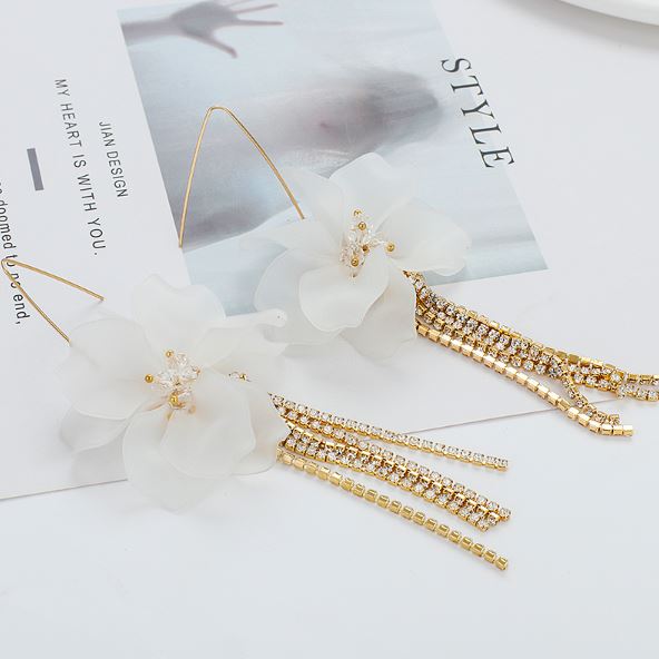 Bridgett - White Floral Diamante Drop Earrings