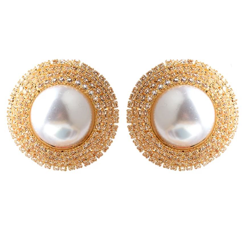 Paula - Pearl Diamante Stud Earrings